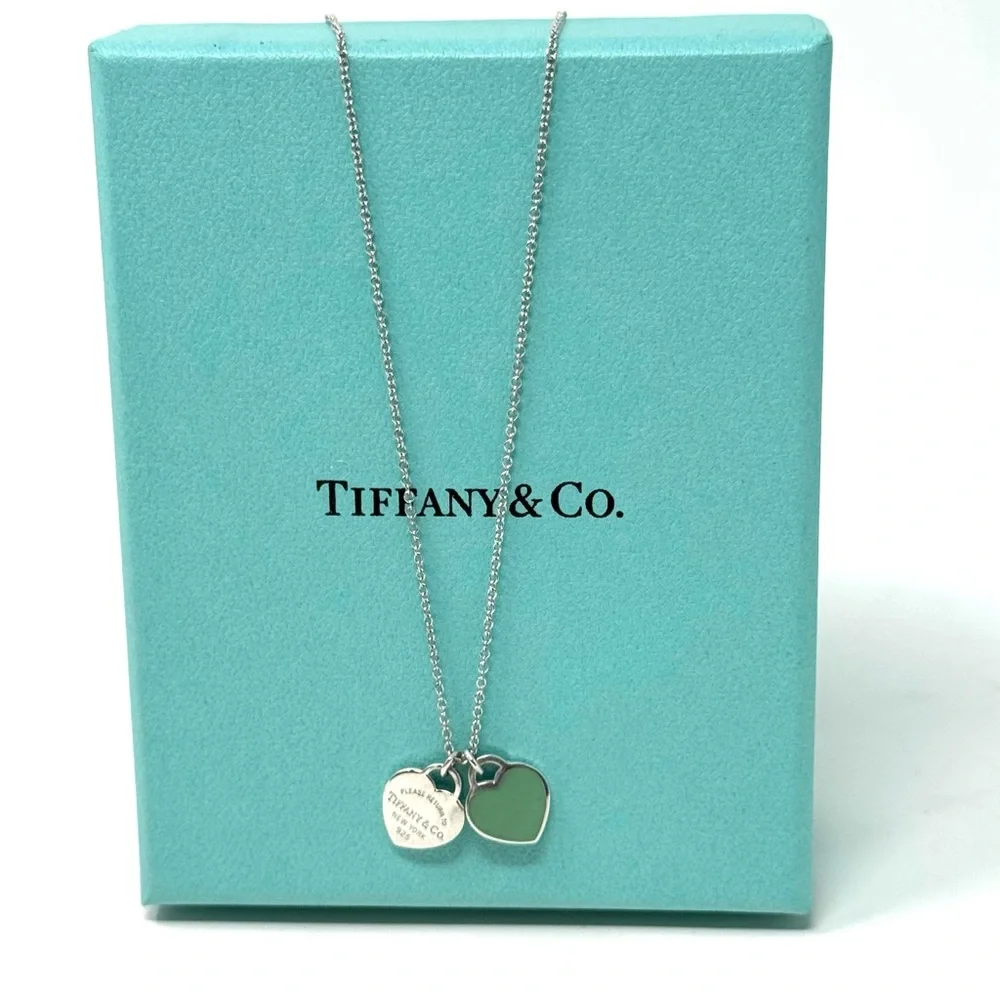 Authentic Tiffany & CO. Return To Enamel Blue Mini Double Heart Necklace. - Picture 7 of 14